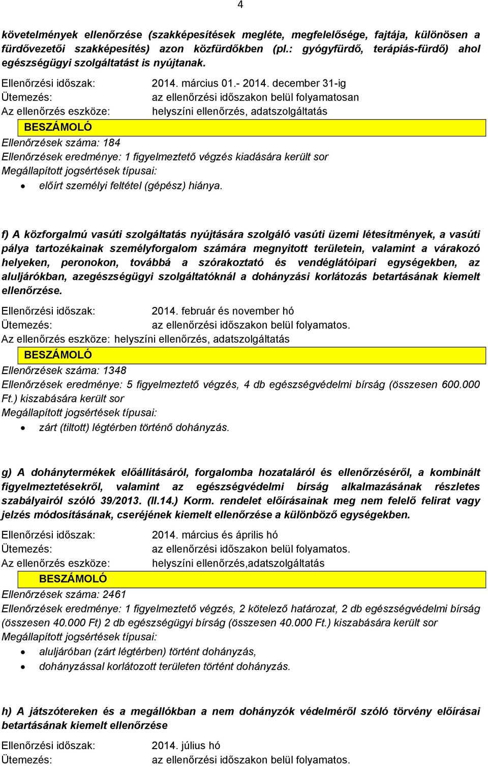 december 31-ig az ellenőrzési időszakon belül folyamatosan helyszíni ellenőrzés, adatszolgáltatás Ellenőrzések száma: 184 Ellenőrzések eredménye: 1 figyelmeztető végzés kiadására került sor előírt