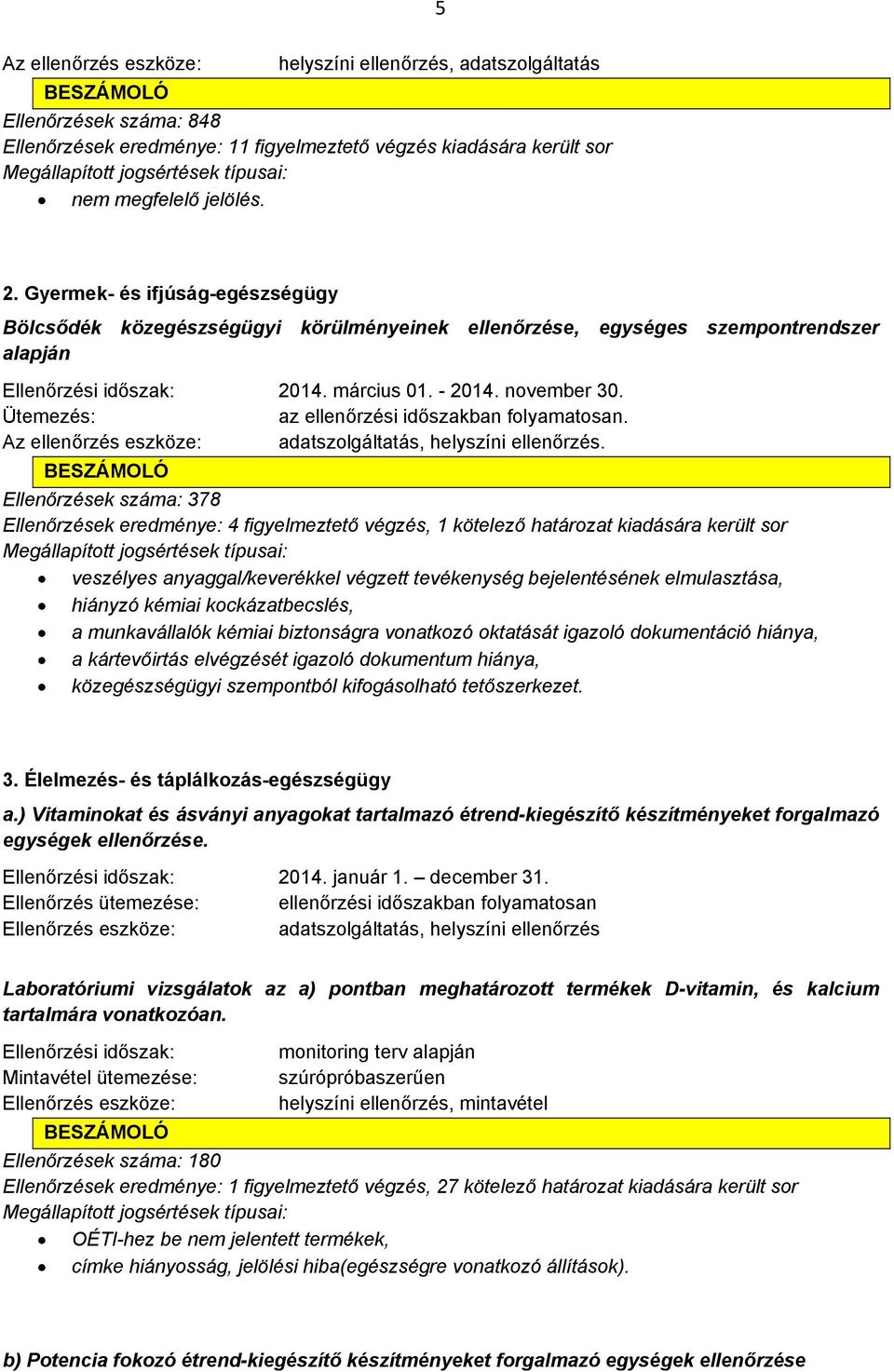 Ellenőrzések száma: 378 Ellenőrzések eredménye: 4 figyelmeztető végzés, 1 kötelező határozat kiadására került sor veszélyes anyaggal/keverékkel végzett tevékenység bejelentésének elmulasztása,