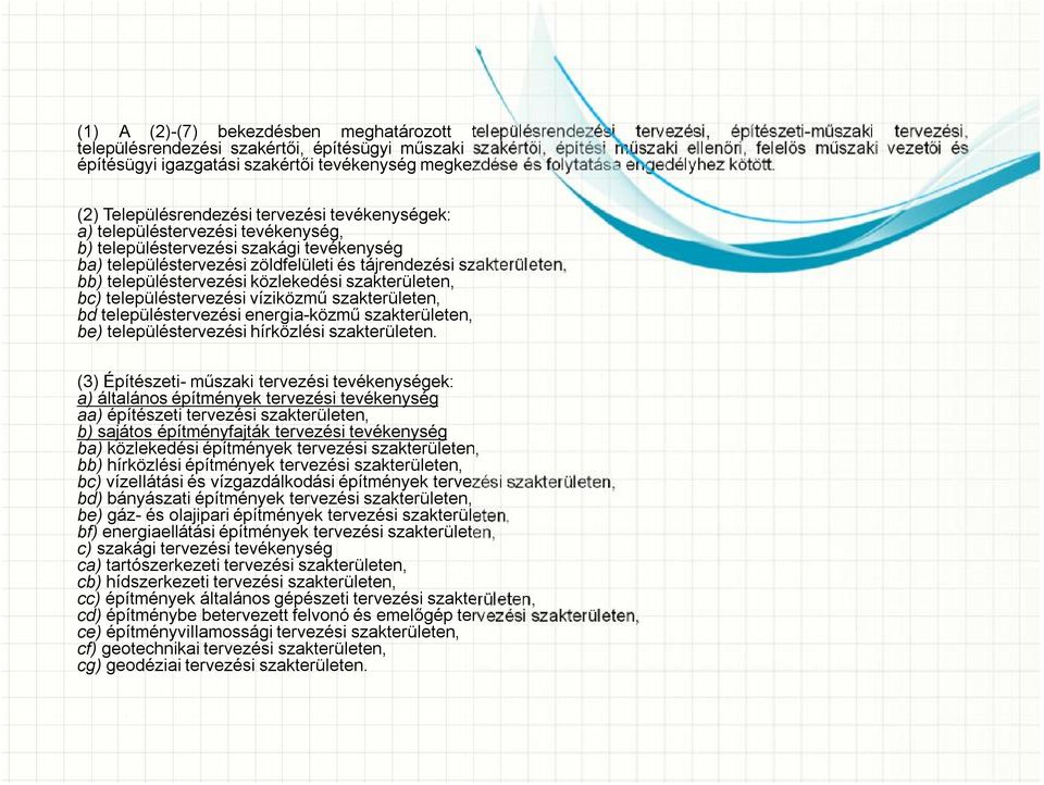 (2) Településrendezési tervezési tevékenységek: a) településtervezési tevékenység, b) településtervezési szakági tevékenység ba) településtervezési zöldfelületi és tájrendezési szakterületen, bb)