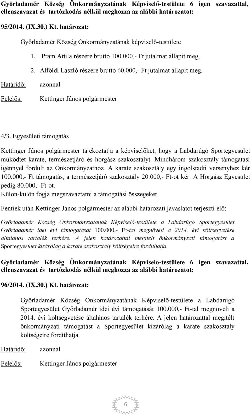 Mindhárom szakosztály támogatási igénnyel fordult az Önkormányzathoz. A karate szakosztály egy ingolstadti versenyhez kér 100.000,- Ft támogatás, a természetjáró szakosztály 20.000,- Ft-ot kér.