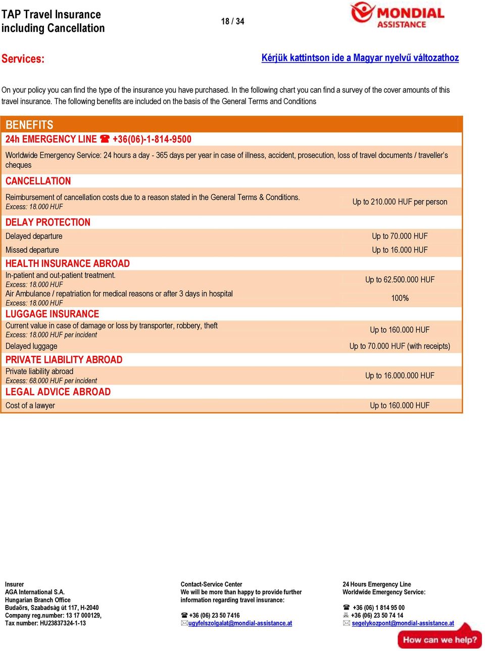 The following benefits are included on the basis of the General Terms and Conditions BENEFITS 24h EMERGENCY LINE +36(06)-1-814-9500 Worldwide Emergency Service: 24 hours a day - 365 days per year in