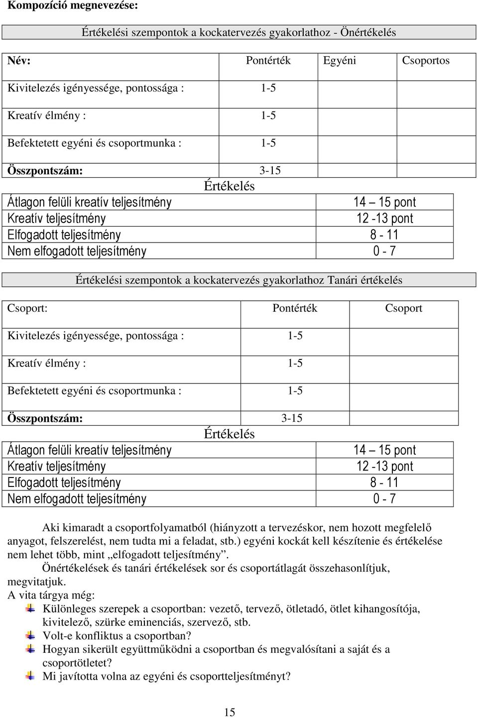 Értékelési szempontok a kockatervezés gyakorlathoz Tanári értékelés Csoport: Pontérték Csoport Kivitelezés igényessége, pontossága : 1-5 Kreatív élmény : 1-5 Befektetett  Aki kimaradt a