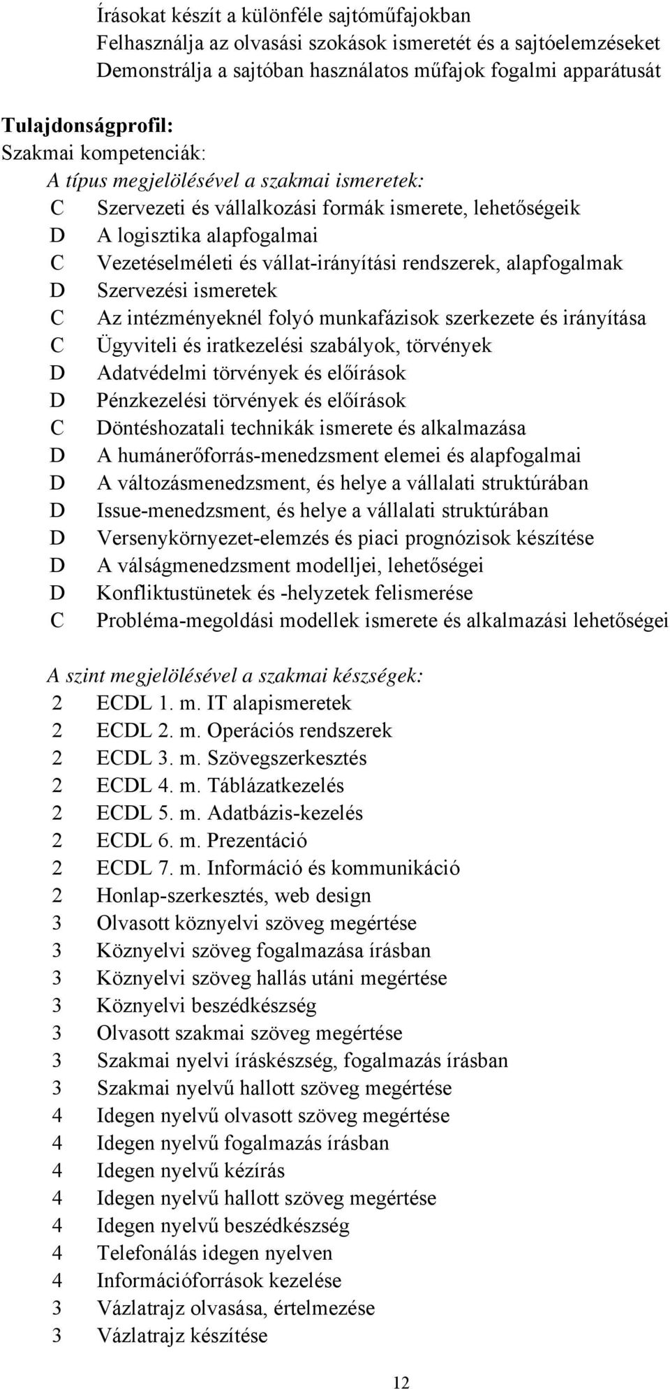 rendszerek, alapfogalmak D Szervezési ismeretek C Az intézményeknél folyó munkafázisok szerkezete és irányítása C Ügyviteli és iratkezelési szabályok, törvények D Adatvédelmi törvények és előírások D