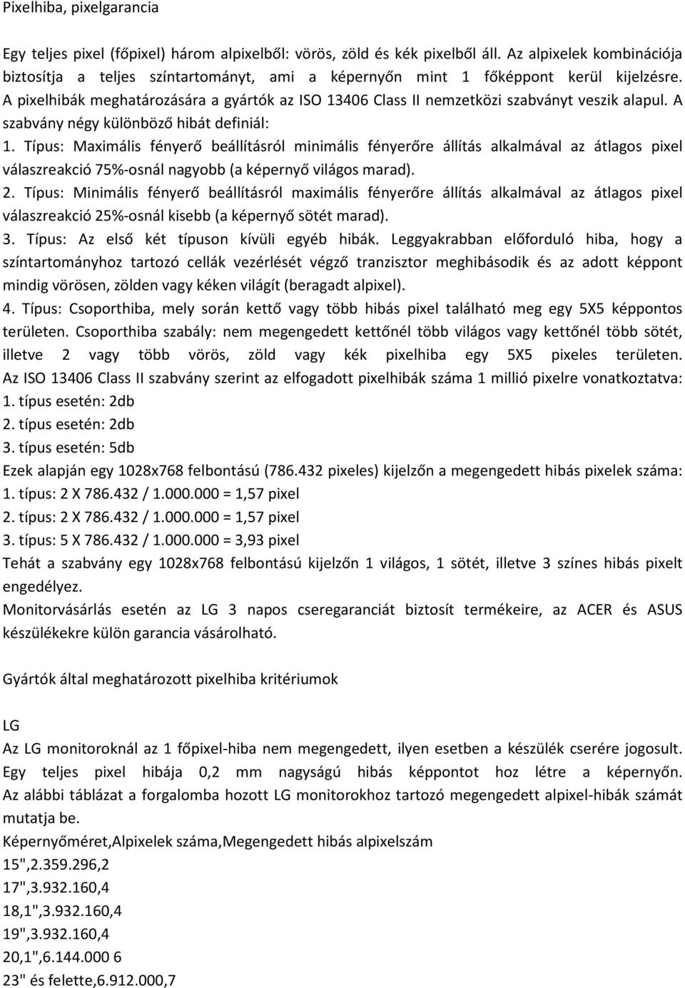 A pixelhibák meghatározására a gyártók az ISO 13406 Class II nemzetközi szabványt veszik alapul. A szabvány négy különböző hibát definiál: 1.