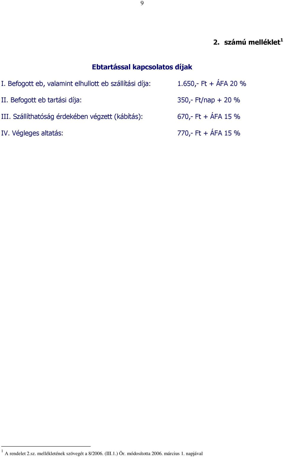 Befogott eb tartási díja: 350,- Ft/nap + 20 % III.