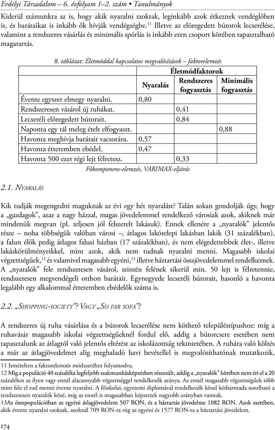 táblázat: Életmóddal kapcsolatos megvalósítások faktorelemzés Életmódfaktorok Nyaralás Rendszeres Minimális fogyasztás fogyasztás Évente egyszer elmegy nyaralni. 0,80 Rendszeresen vásárol új ruhákat.