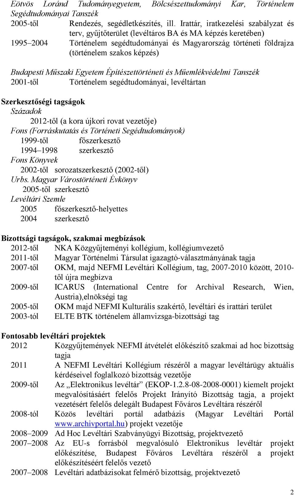 Budapesti Műszaki Egyetem Építészettörténeti és Műemlékvédelmi Tanszék 2001-től Történelem segédtudományai, levéltártan Szerkesztőségi tagságok Századok 2012-től (a kora újkori rovat vezetője) Fons