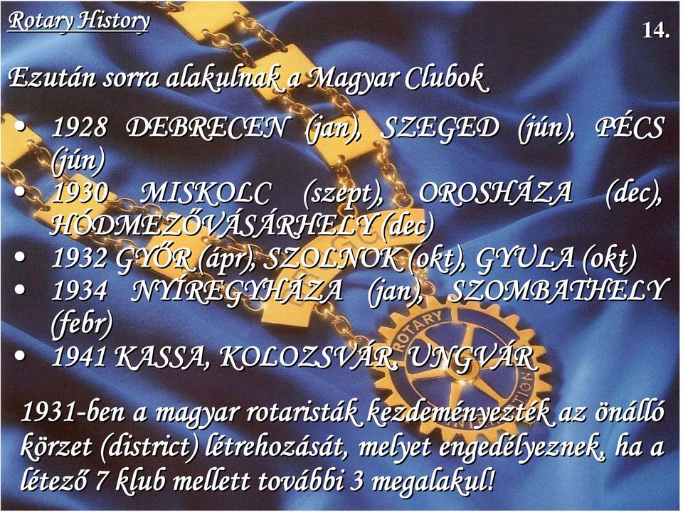 REGYHÁZA (jan( jan), SZOMBATHELY (febr) 1941 KASSA, KOLOZSVÁR, UNGVÁR 1931-ben a magyar rotaristák kezdeményezt nyezték k az