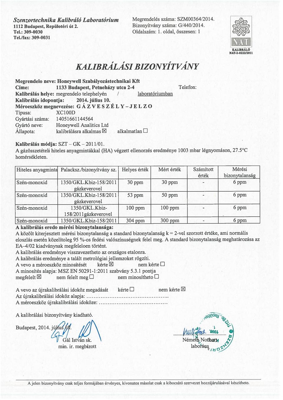 megrendelo telephelyén / laboratóriumban Kalibrálás idopontja: 2014. julius 10.