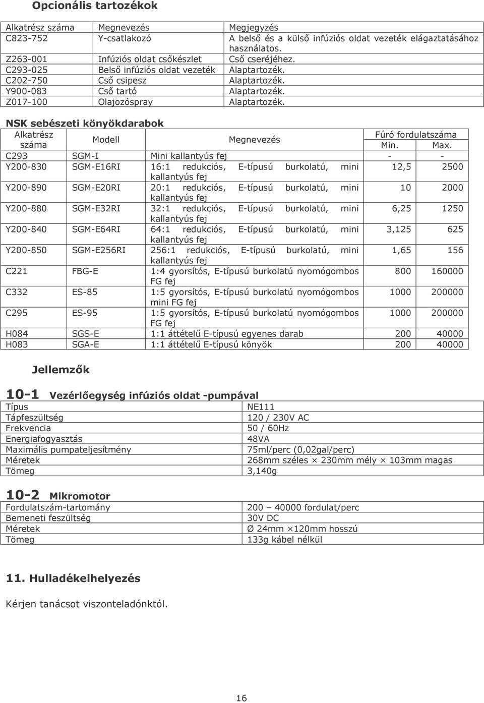 Z017-100 Olajozóspray Alaptartozék. NSK sebészeti könyökdarabok Alkatrész Fúró fordulatszáma Modell Megnevezés száma Min. Max.