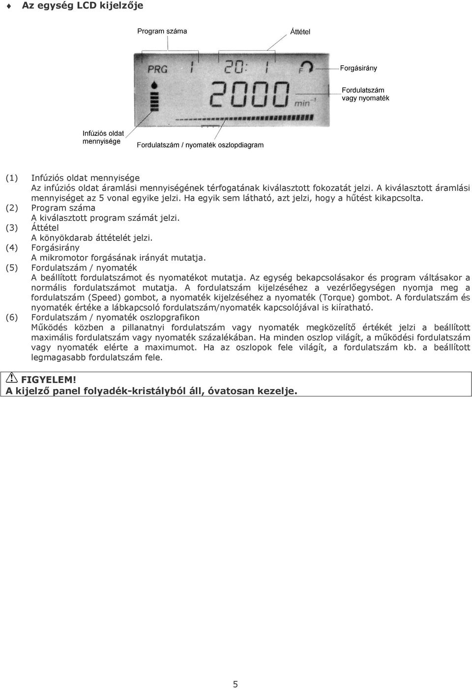 (4) Forgásirány A mikromotor forgásának irányát mutatja. (5) Fordulatszám / nyomaték A beállított fordulatszámot és nyomatékot mutatja.