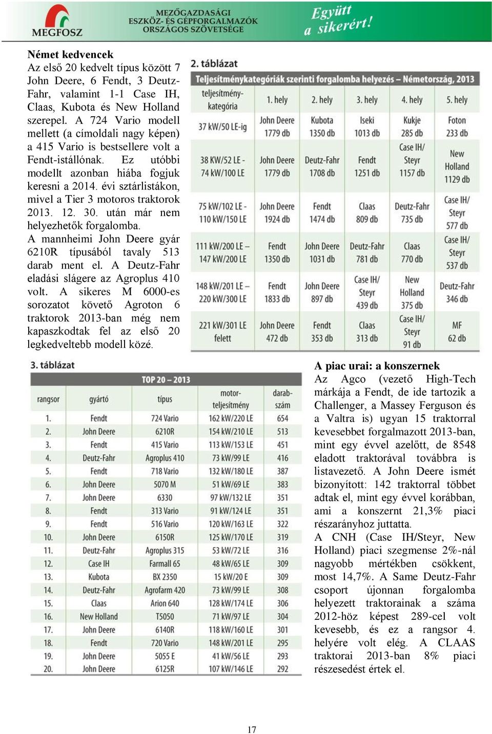 évi sztárlistákon, mivel a Tier 3 motoros traktorok 2013. 12. 30. után már nem helyezhetők forgalomba. A mannheimi John Deere gyár 6210R típusából tavaly 513 darab ment el.