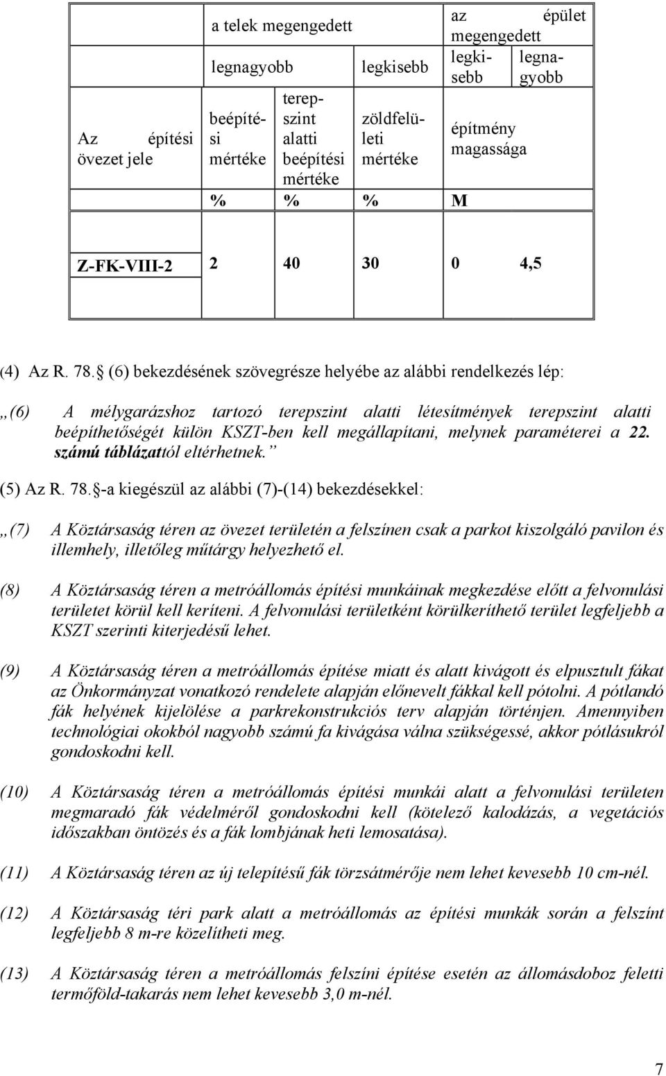 (6) bekezdésének szövegrésze helyébe az alábbi rendelkezés lép: (6) A mélygarázshoz tartozó terepszint alatti létesítmények terepszint alatti beépíthetőségét külön KSZT-ben kell megállapítani,