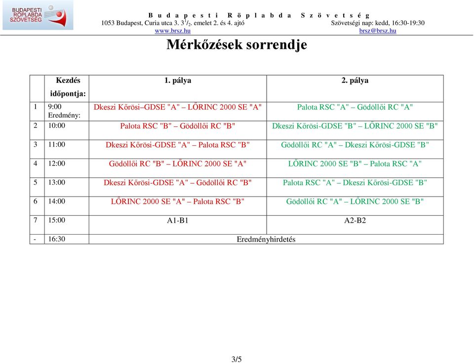 Kőrösi-GDSE "B" LŐRINC 2000 SE "B" 3 11:00 Dkeszi Kőrösi-GDSE "A" Palota RSC "B" Gödöllői RC "A" Dkeszi Kőrösi-GDSE "B" 4 12:00 Gödöllői RC "B"