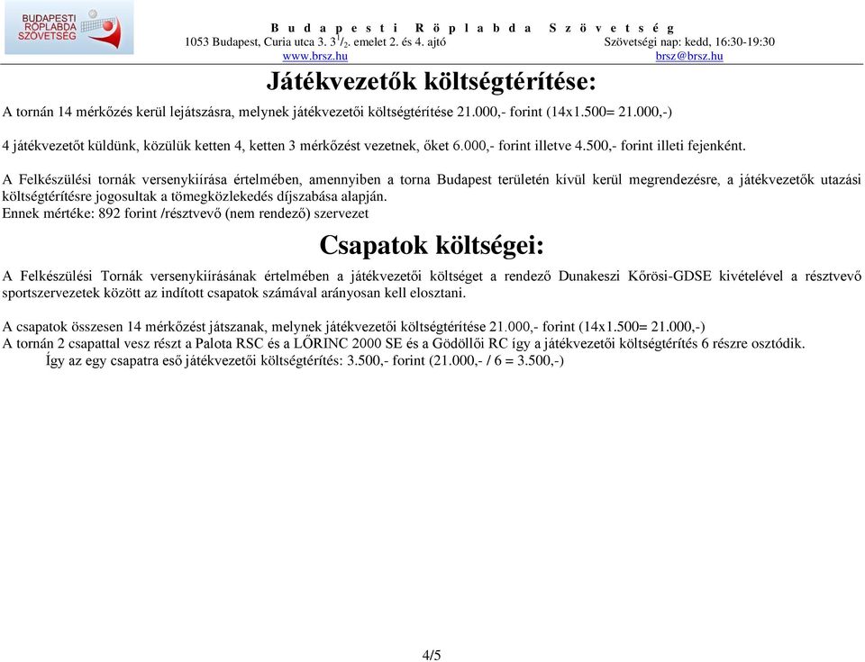 A Felkészülési tornák versenykiírása értelmében, amennyiben a torna Budapest területén kívül kerül megrendezésre, a játékvezetők utazási költségtérítésre jogosultak a tömegközlekedés díjszabása