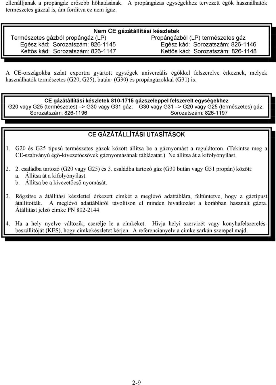 Kettős kád: Sorozatszám: 826-1148 A CE-országokba szánt exportra gyártott egységek univerzális égőkkel felszerelve érkeznek, melyek használhatók természetes (G20, G25), bután- (G30) és propángázokkal