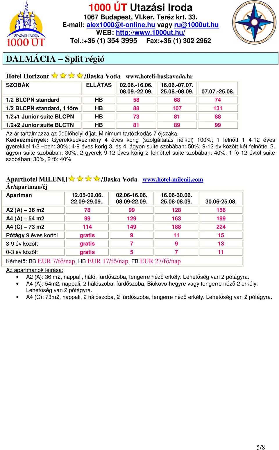 4 éves korig (szolgáltatás nélkül) 100%; 1 felnőtt 1 4-12 éves gyerekkel 1/2 ben: 30%; 4-9 éves korig 3. és 4. ágyon suite szobában: 50%; 9-12 év között két felnőttel 3.