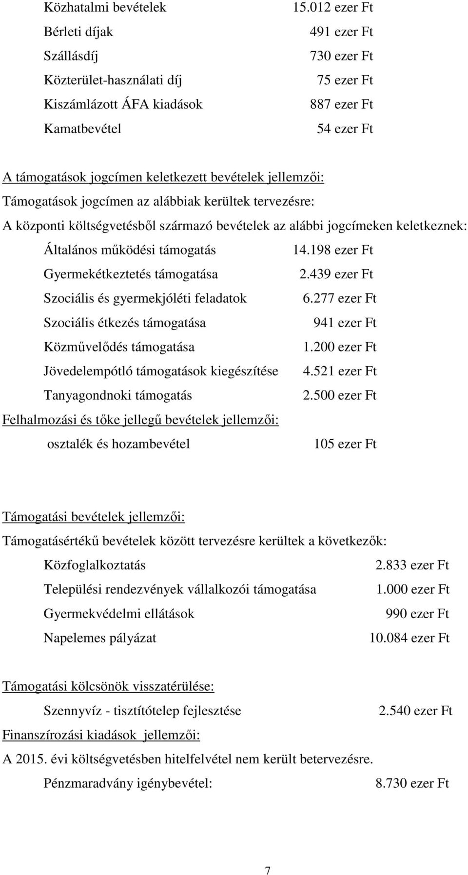 költségvetésből származó bevételek az alábbi jogcímeken keletkeznek: Általános működési támogatás 14.198 ezer Ft Gyermekétkeztetés támogatása 2.439 ezer Ft Szociális és gyermekjóléti feladatok 6.