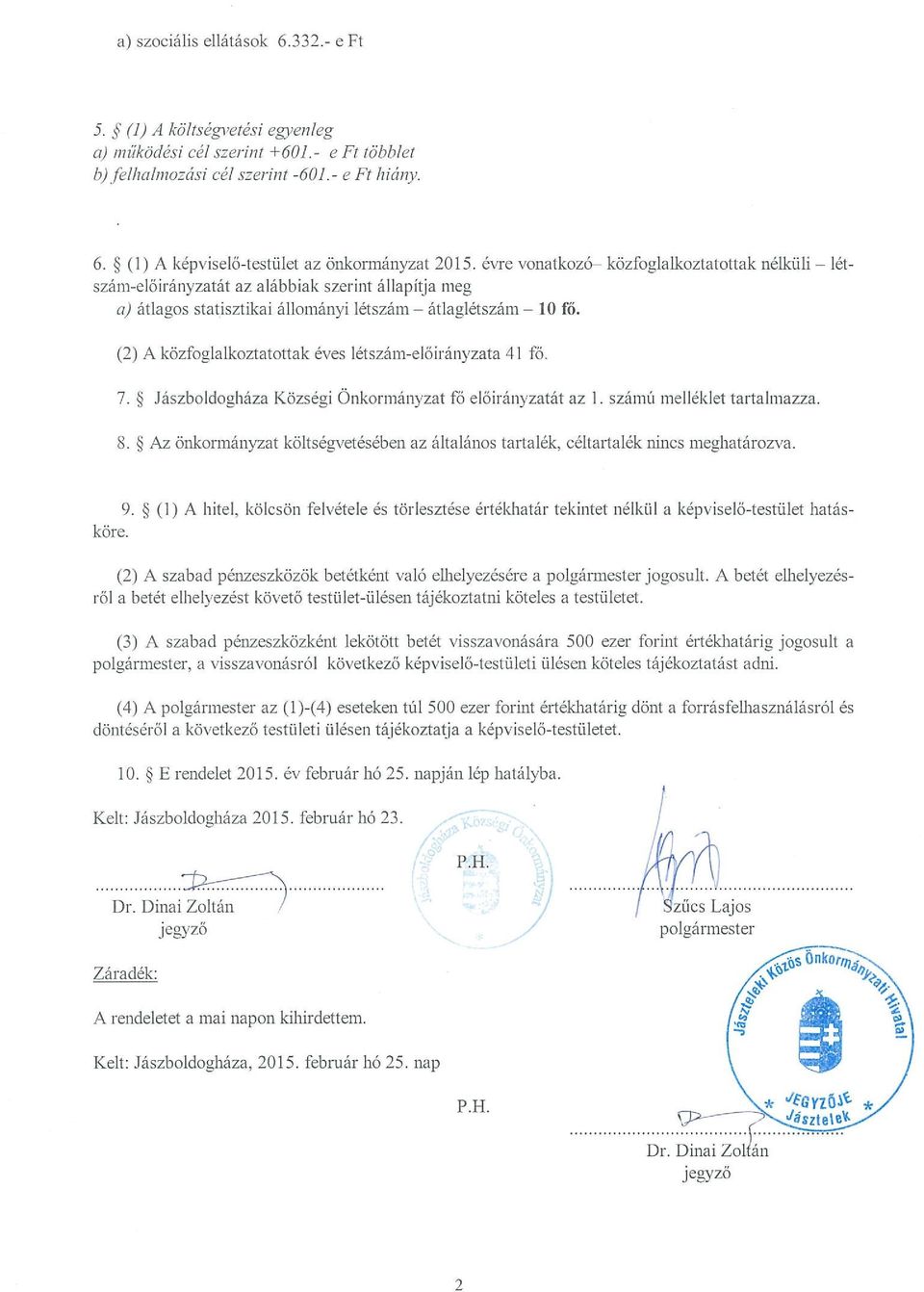 (2) A közfoglalkoztatottak éves létszám-előirányzata 41 Fő 7. ~ Jászboldogháza Községi Önkormányzat Fő előiranyzatát az 1. számú melléklet tartalmazza. 8.