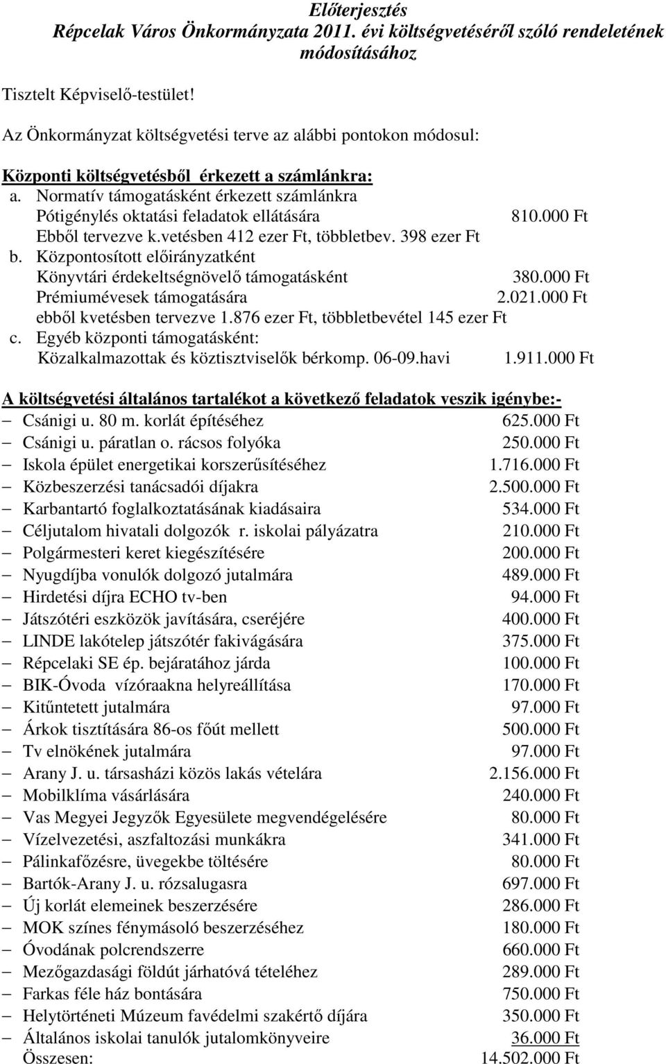 Normatív támogatásként érkezett számlánkra Pótigénylés oktatási feladatok ellátására 810.000 Ft Ebből tervezve k.vetésben 412 ezer Ft, többletbev. 398 ezer Ft b.