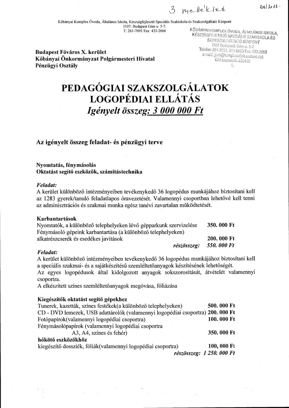 Nyomtatás, fénymásolás Oktatást segítő eszközök, számítástechnika A kerület különböző intézményeiben tevékenykedő 36 logopédus munkájához biztosítani kell az 1283 gyerek/tanuló feladatlapos