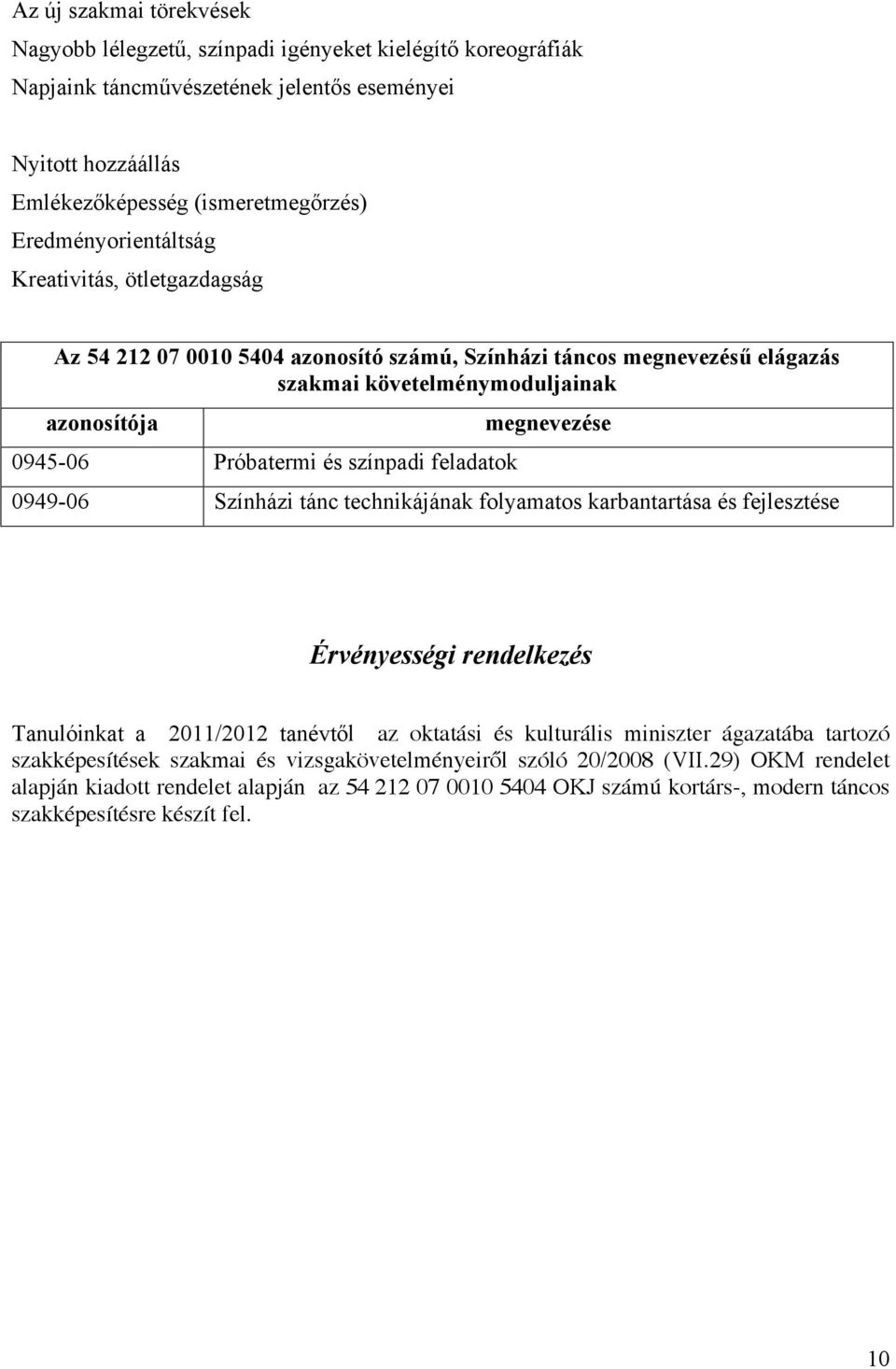 feladatok megnevezése 0949-06 Színházi tánc technikájának folyamatos karbantartása és fejlesztése Érvényességi rendelkezés Tanulóinkat a 2011/2012 tanévtől az oktatási és kulturális miniszter