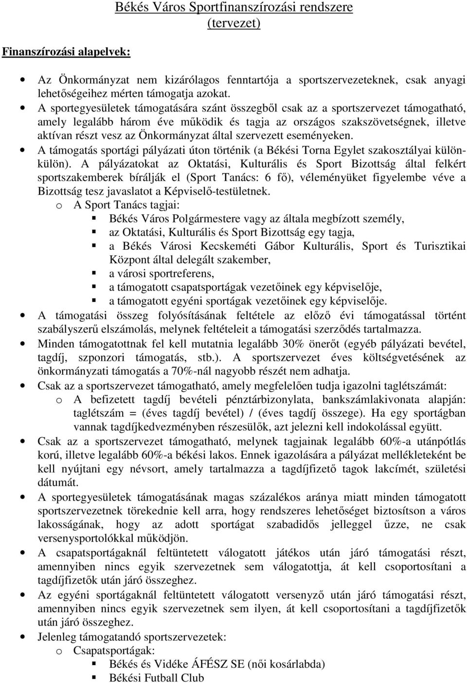 Önkormányzat által szervezett eseményeken. A támogatás sportági pályázati úton történik (a Békési Torna Egylet szakosztályai különkülön).