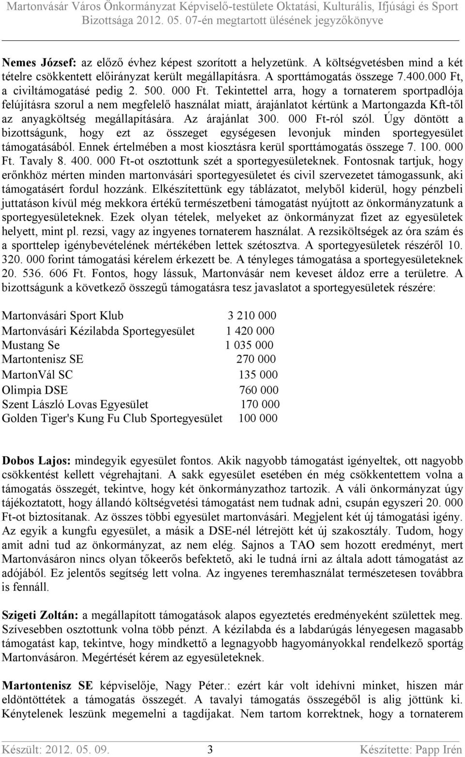 Tekintettel arra, hogy a tornaterem sportpadlója felújításra szorul a nem megfelelő használat miatt, árajánlatot kértünk a Martongazda Kft-től az anyagköltség megállapítására. Az árajánlat 300.