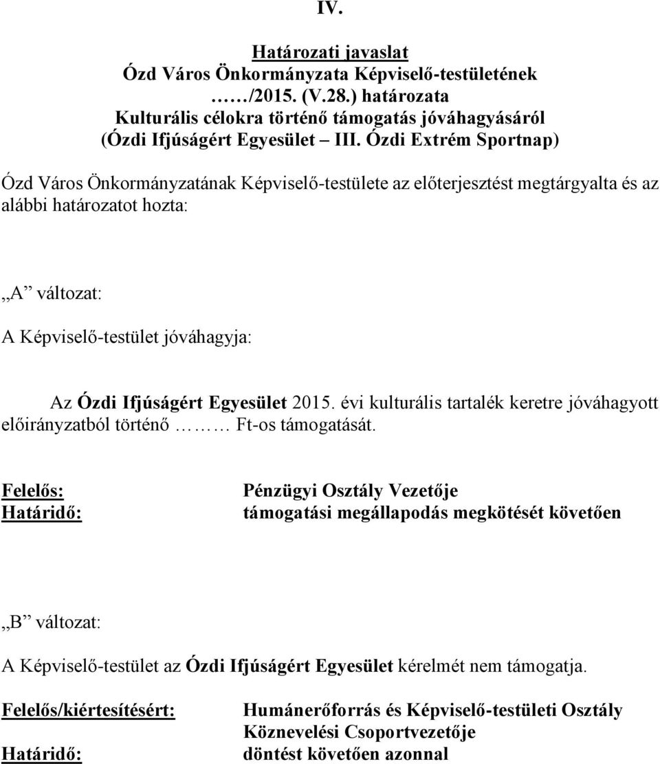 Ifjúságért Egyesület 2015. évi kulturális tartalék keretre jóváhagyott előirányzatból történő Ft-os támogatását.