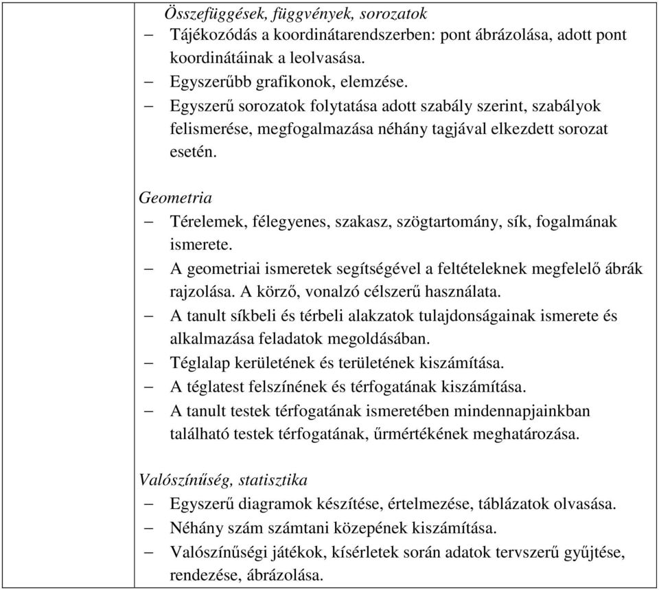 Geometria Térelemek, félegyenes, szakasz, szögtartomány, sík, fogalmának ismerete. A geometriai ismeretek segítségével a feltételeknek megfelelő ábrák rajzolása. A körző, vonalzó célszerű használata.