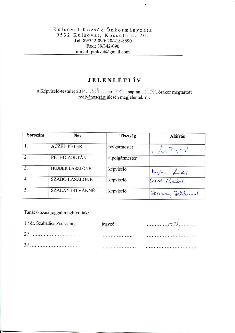 .6rakormegtartott art iilesen megjelentekrol: Sorszam Nev Tisztseg Alairas 1. 2.