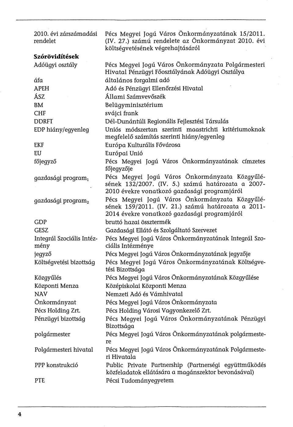 bnkormanyzat Pees Holding Zrt. Penziigyi bizottsag polgarmester Polgarmesteri hivatal PPP konstrukcio PTE Pees Megyei Jogu Yaros Onkormanyzatanak 15/2011. (IV. 27.