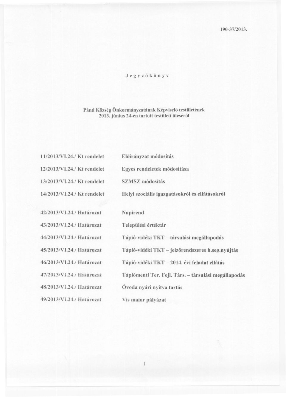 24.1 Határozat 46/2013NI.24.1 Határozat 47/2013/VI.24./ Határozat 48/2013NI.24.1 Határozat 49/2013NI.24.1 Határozat Napirend Települési értéktár Tápió-vidéki TKT - társulási megállapodás Tápió-vidéki TKT - jelzorendszeres h.