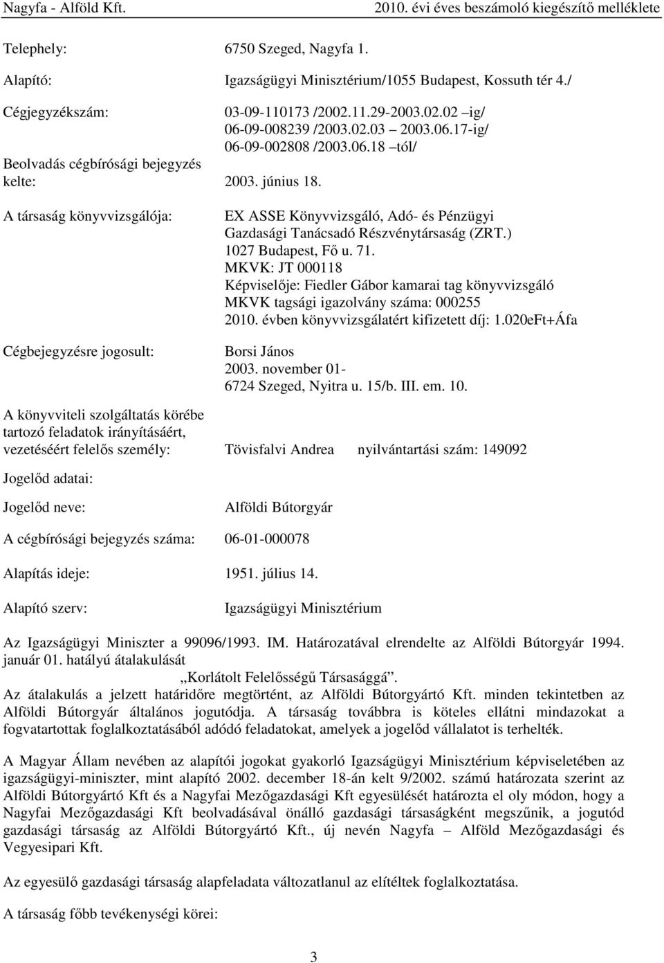 A társaság könyvvizsgálója: Cégbejegyzésre jogosult: EX ASSE Könyvvizsgáló, Adó- és Pénzügyi Gazdasági Tanácsadó Részvénytársaság (ZRT.) 1027 Budapest, Fő u. 71.