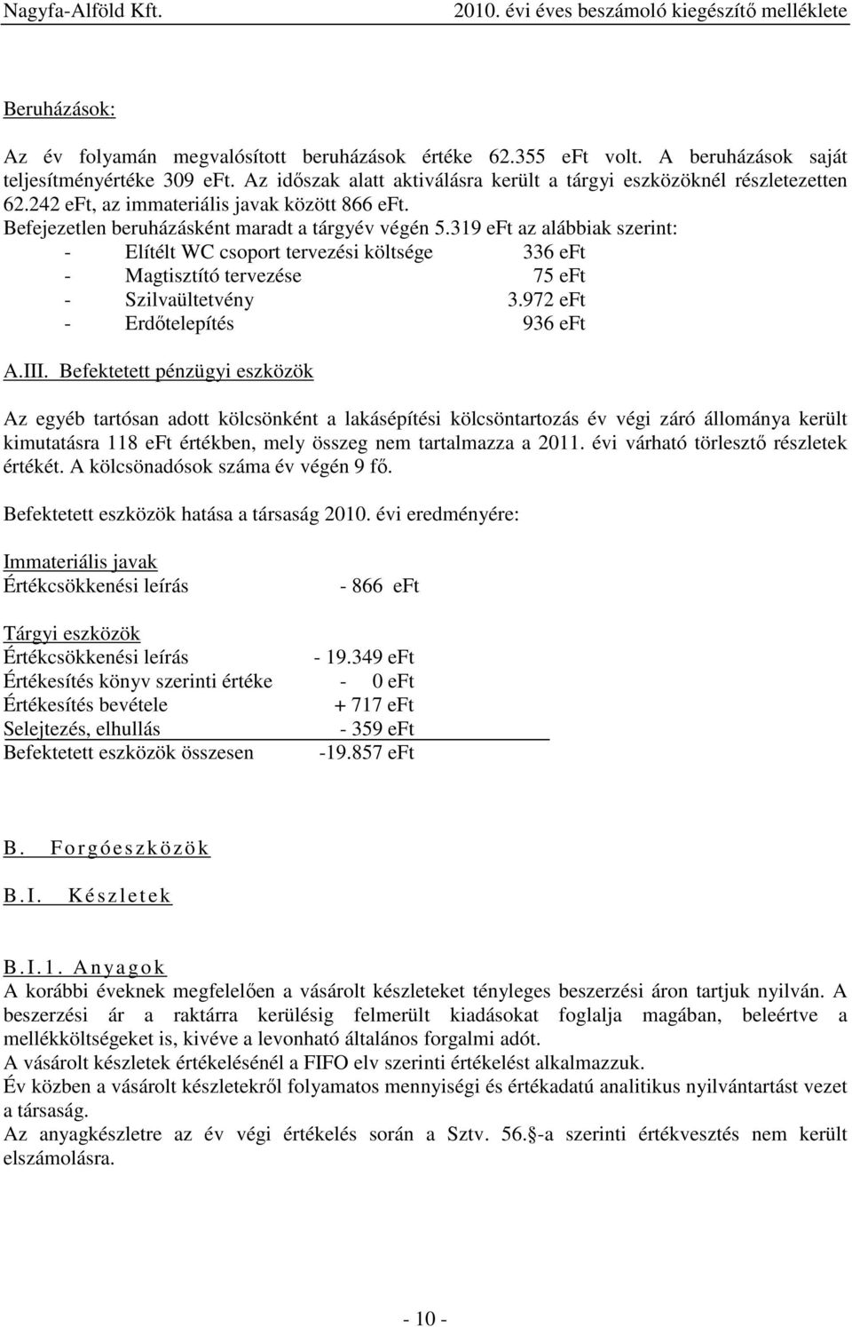 319 eft az alábbiak szerint: - Elítélt WC csoport tervezési költsége 336 eft - Magtisztító tervezése 75 eft - Szilvaültetvény 3.972 eft - Erdőtelepítés 936 eft A.III.