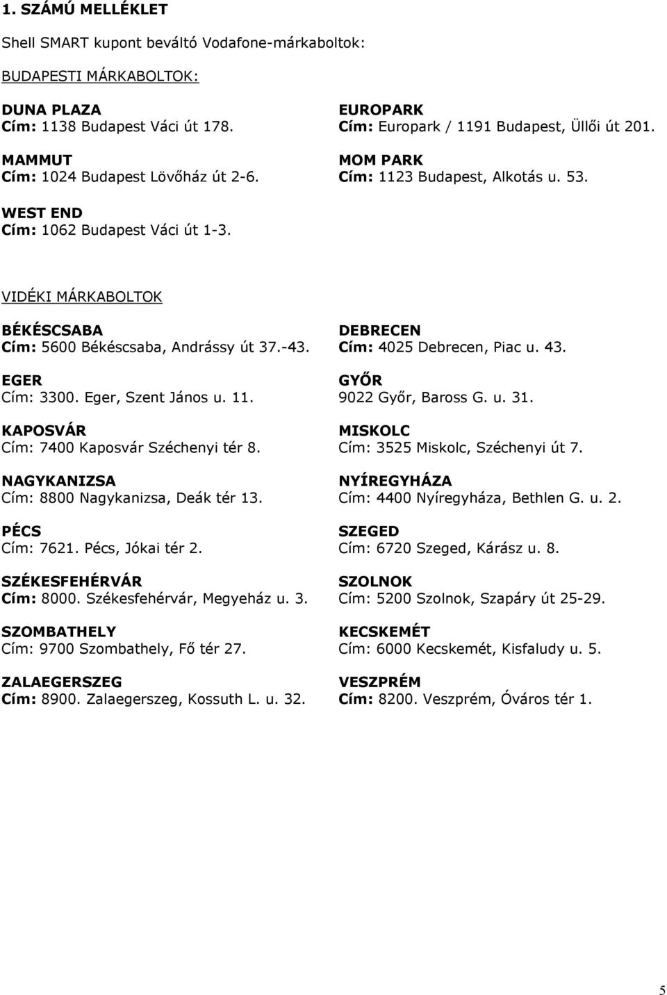 VIDÉKI MÁRKABOLTOK BÉKÉSCSABA Cím: 5600 Békéscsaba, Andrássy út 37.-43. EGER Cím: 3300. Eger, Szent János u. 11. KAPOSVÁR Cím: 7400 Kaposvár Széchenyi tér 8.