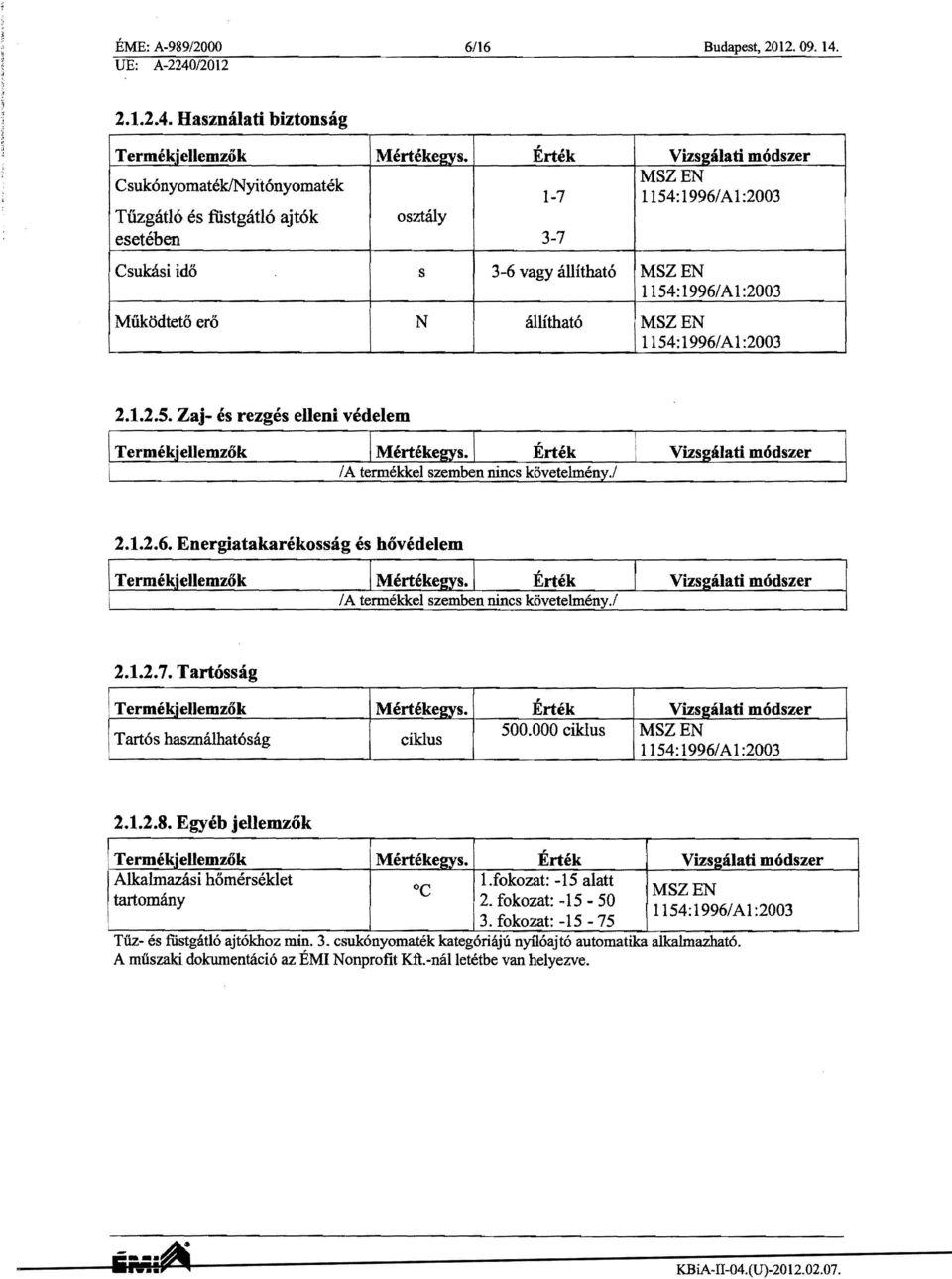 ero N allithat6 MSZEN 1154:1996/Al:2003 2.1.2.5. Zaj- es rezges eheni vedelem Ertek Vizs alati m6dszer 2.1.2.6. Energiatakarekossag es hovedelem fa termekkel szemben nines kovetelmeny.i 2.1.2.7.