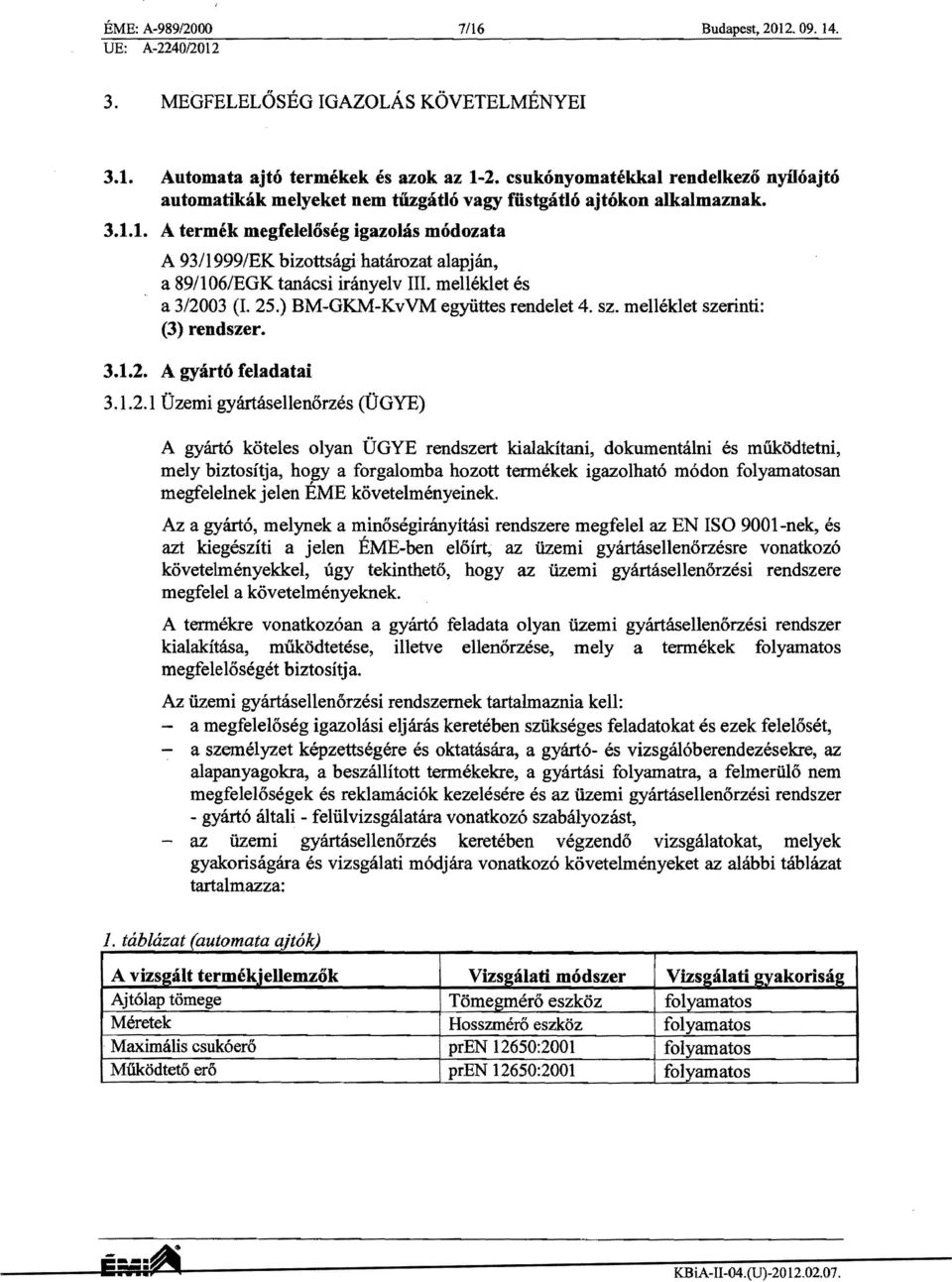 1. A termek megfeleloseg igazolas modozata A 93/1999/EK bizottsagi hatarozat alapjan, a 8911 06/EGK tanacsi rranyelv III. melleklet es a 3/2003 (1. 25.) BM-GKM-KvVM egyiittes rendelet 4. sz.