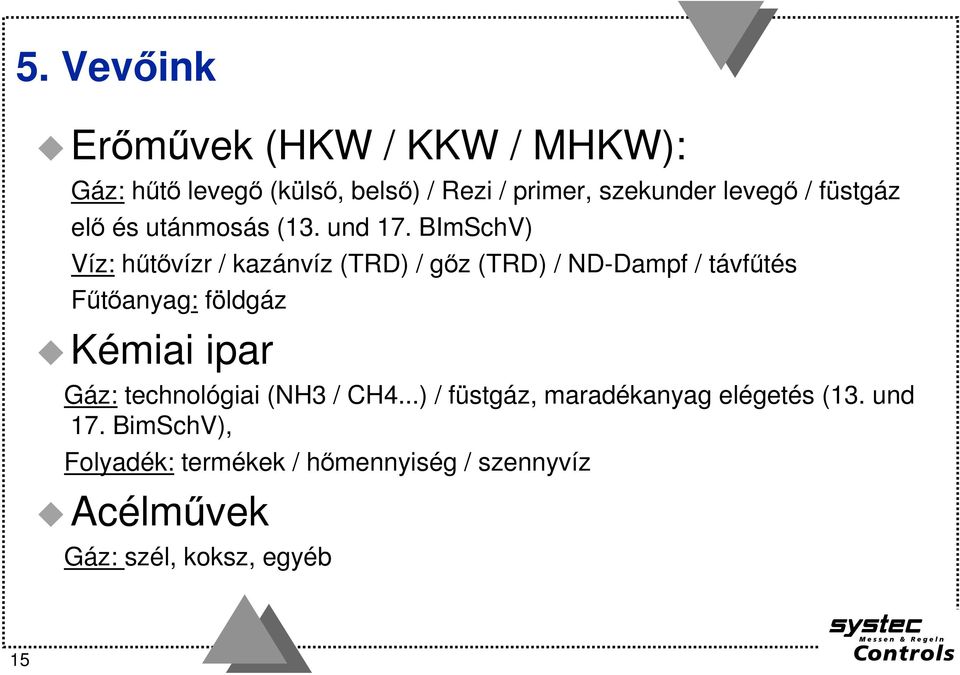 BImSchV) Víz: hőtıvízr / kazánvíz (TRD) / gız (TRD) / ND-Dampf / távfőtés Főtıanyag: földgáz Kémiai ipar