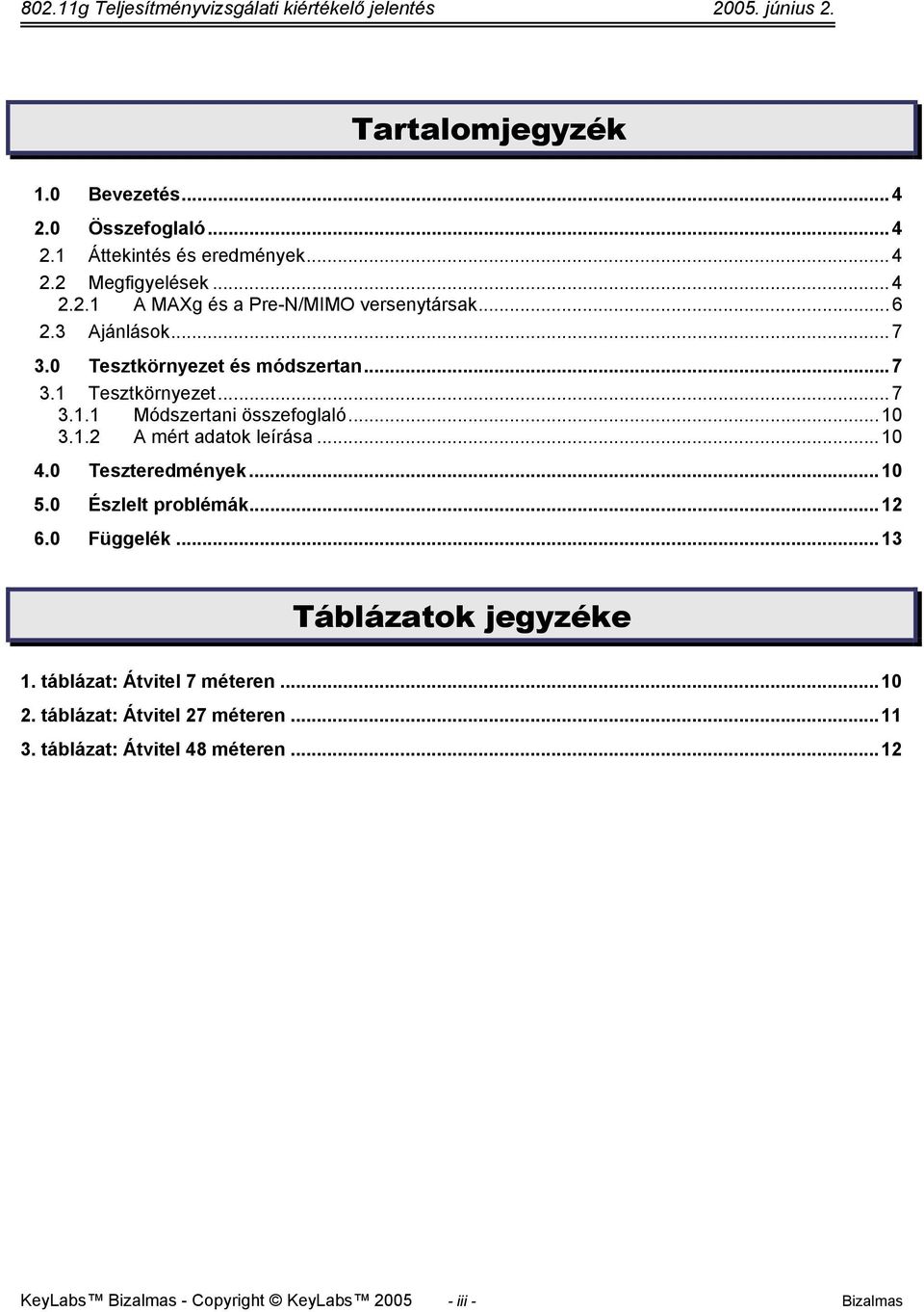 ..10 4.0 Teszteredmények...10 5.0 Észlelt problémák...12 6.0 Függelék...13 Táblázatok jegyzéke 1. táblázat: Átvitel 7 méteren...10 2.