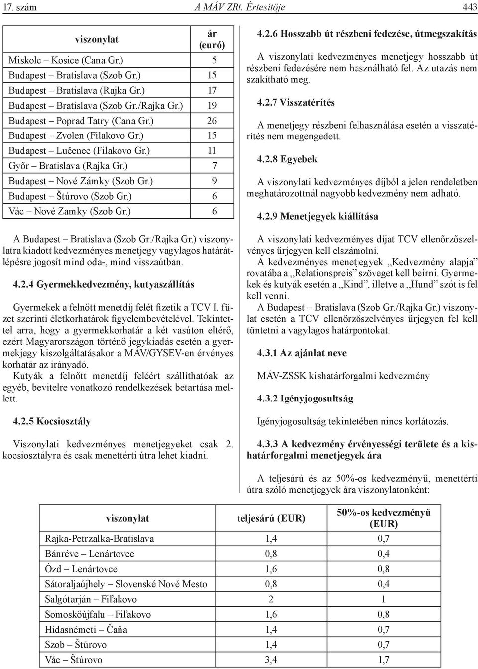 ) 6 Vác Nové Zamky (Szob Gr.) 6 A Budapest Bratislava (Szob Gr./Rajka Gr.) viszonylatra kiadott kedvezményes menetjegy vagylagos határátlépésre jogosít mind oda-, mind visszaútban. 4.2.