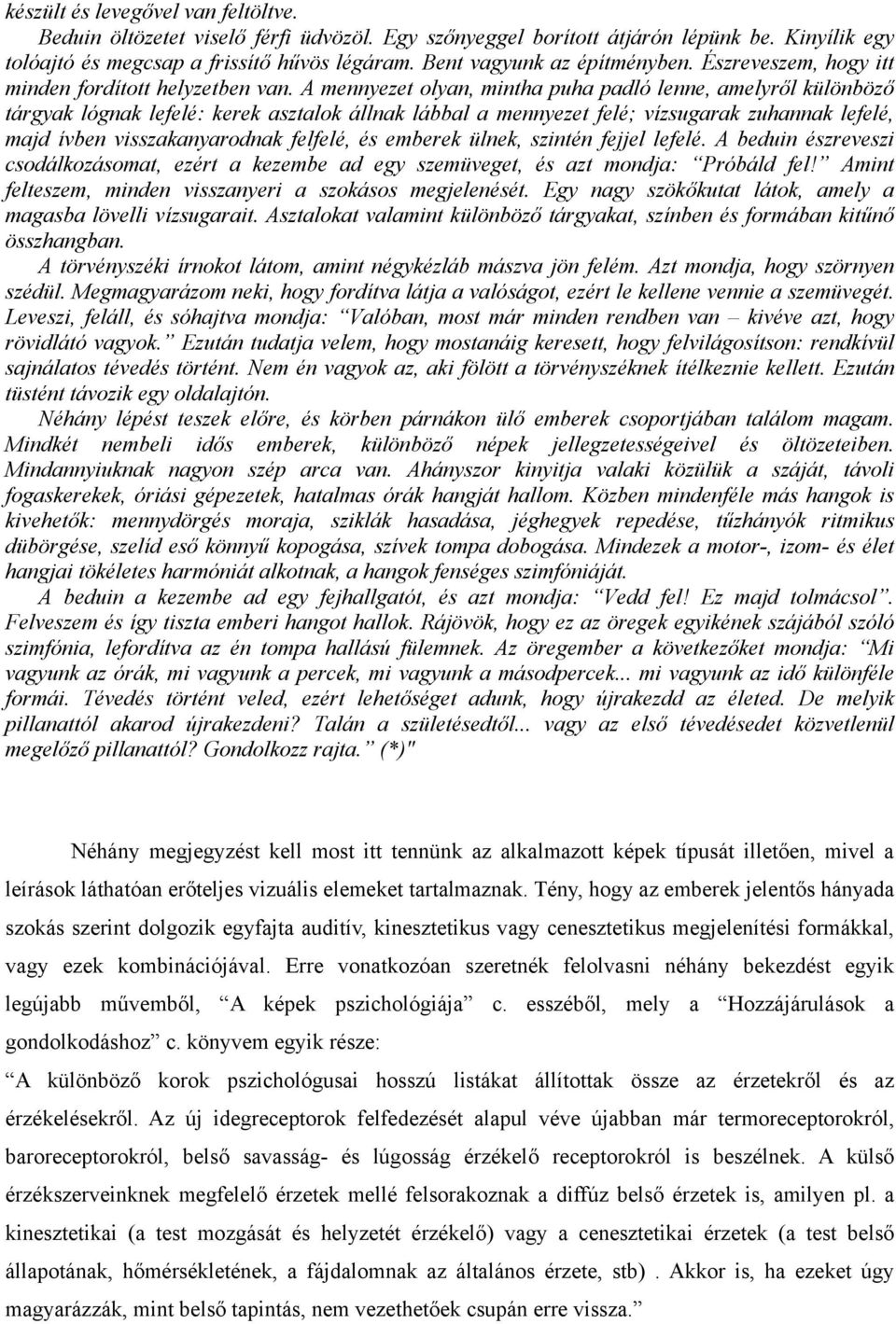 A mennyezet olyan, mintha puha padló lenne, amelyről különböző tárgyak lógnak lefelé: kerek asztalok állnak lábbal a mennyezet felé; vízsugarak zuhannak lefelé, majd ívben visszakanyarodnak felfelé,