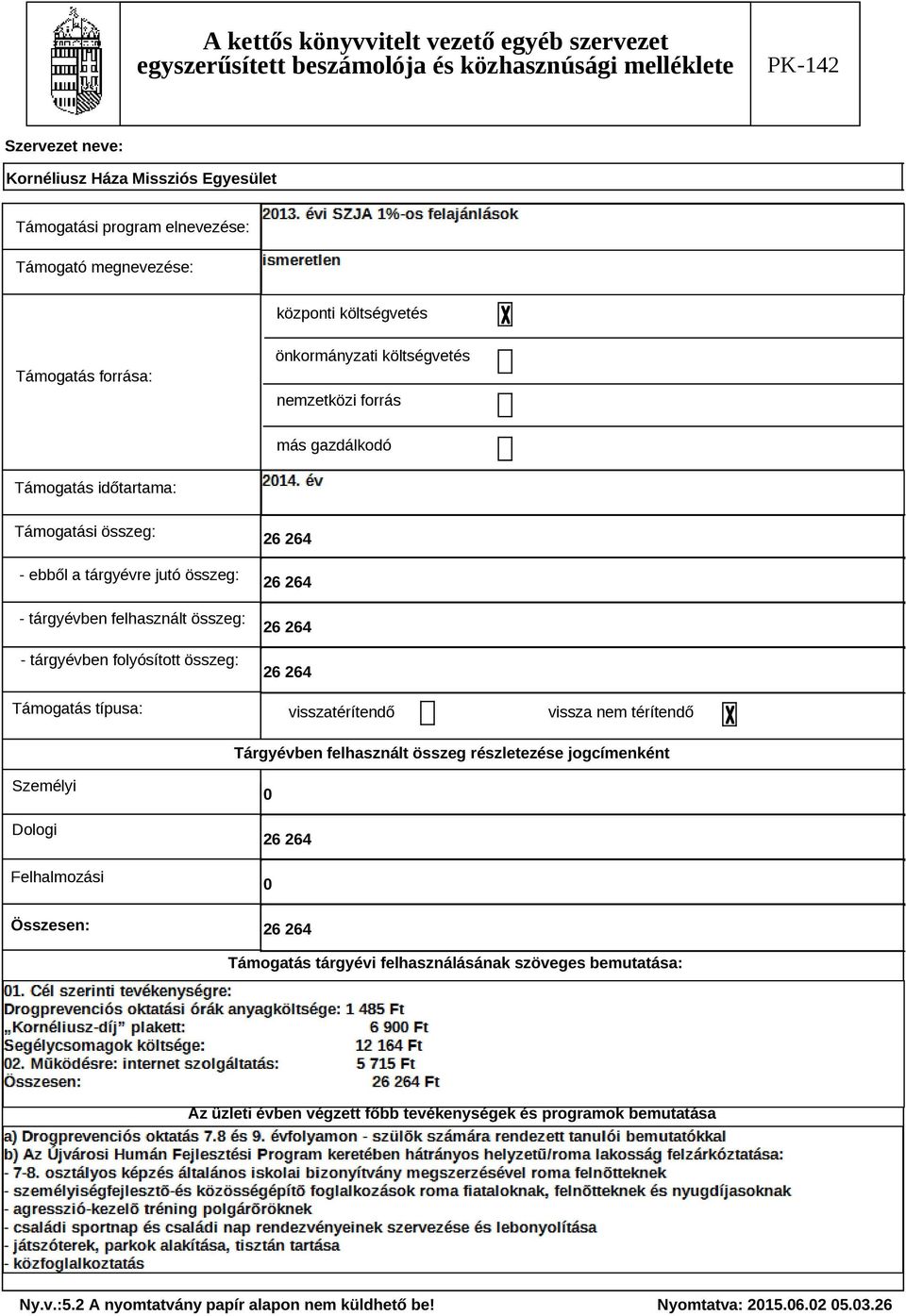 264 visszatérítendő vissza nem térítendő Tárgyévben felhasznált összeg részletezése jogcímenként Személyi Dologi Felhalmozási Összesen: 26 264 26 264 Támogatás tárgyévi