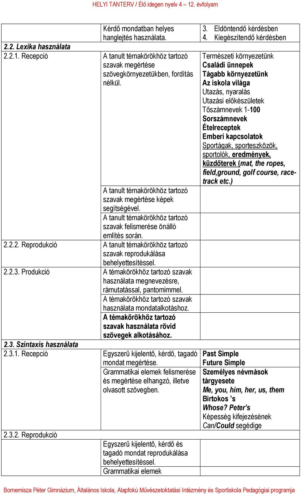 2.2. Reprodukció A tanult témakörökhöz tartozó szavak reprodukálása 2.2.3. Produkció 2.3. Szintaxis használata 2.3.1. Recepció 2.3.2. Reprodukció behelyettesítéssel.