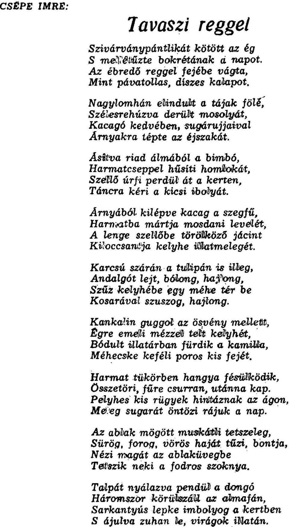 perdül át a kerten, Táncra kéri a kicsi ibolyát. Árnyából kilépve kacag a szegfű, Harnwtba mártja mosdani levélét, A lenge szellőbe törölköző jácint Kiloccsantja kelyhe iiwaimelegét.