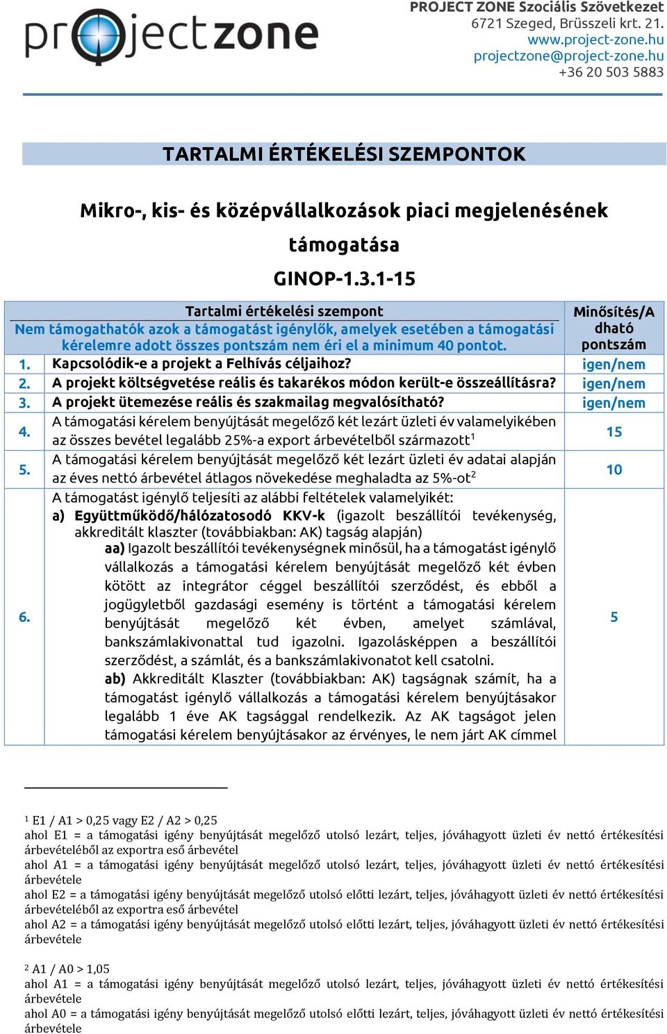 Minősítés/A dható pontszám 1. Kapcsolódik-e a projekt a Felhívás céljaihoz? igen/nem 2. A projekt költségvetése reális és takarékos módon került-e összeállításra? igen/nem 3.