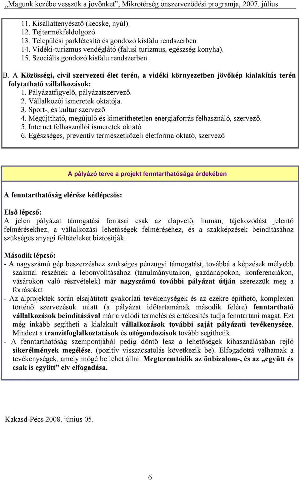 Vállalkozói ismeretek oktatója. 3. Sport-, és kultur szervező. 4. Megújítható, megújuló és kimeríthetetlen energiaforrás felhasználó, szervező. 5. Internet felhasználói ismeretek oktató. 6.