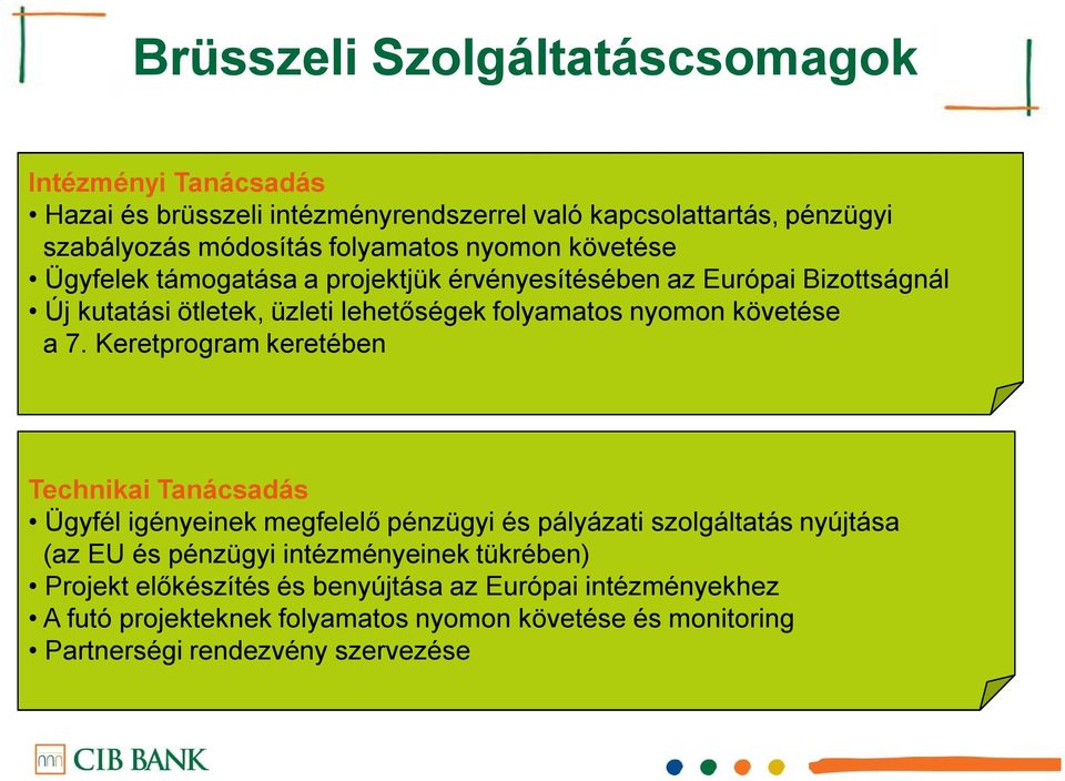 7. Keretprogram keretében Technikai Tanácsadás Ügyfél igényeinek megfelelő pénzügyi és pályázati szolgáltatás nyújtása (az EU és pénzügyi intézményeinek