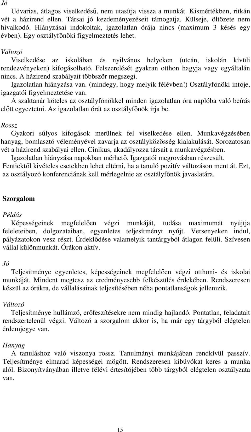 Változó Viselkedése az iskolában és nyilvános helyeken (utcán, iskolán kívüli rendezvényeken) kifogásolható. Felszerelését gyakran otthon hagyja vagy egyáltalán nincs.