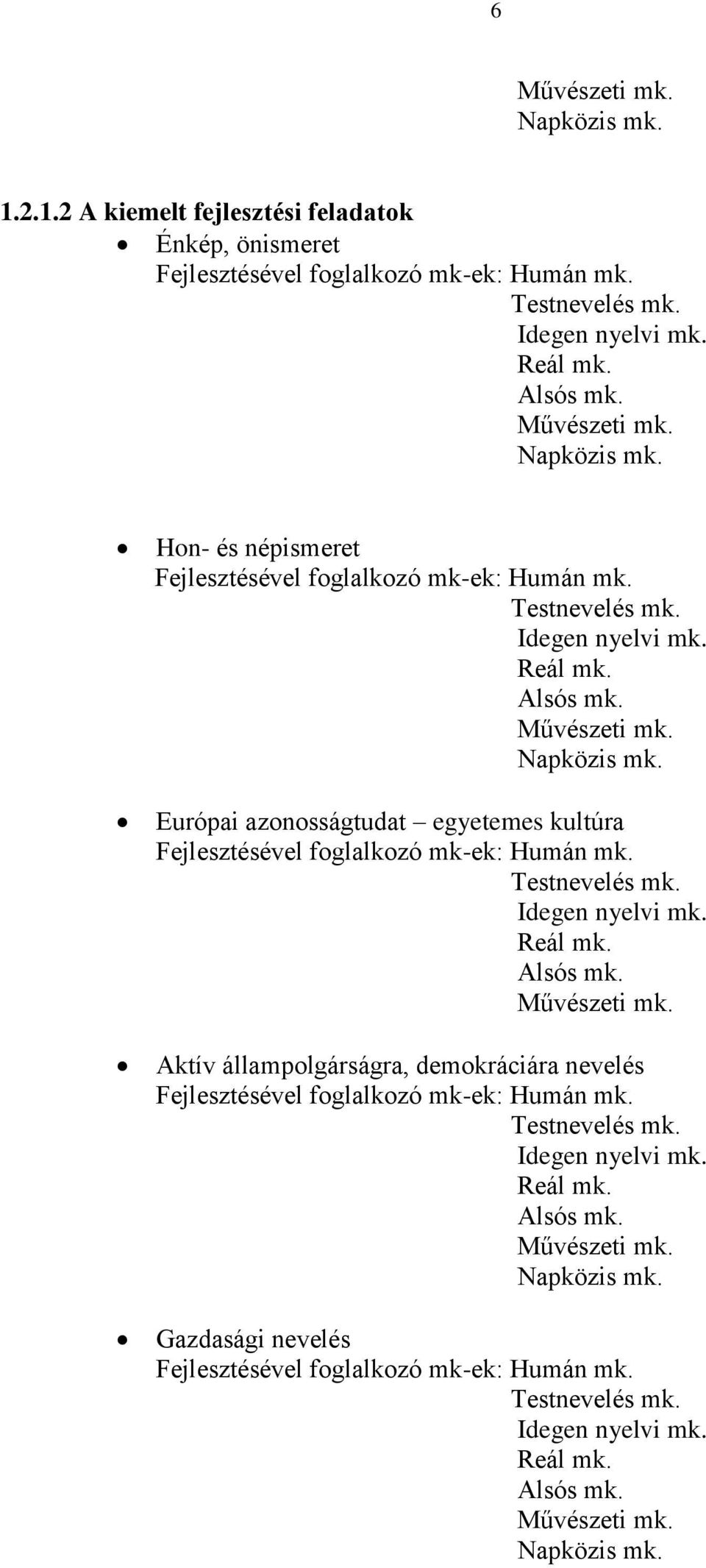 Testnevelés mk. Idegen nyelvi mk. Reál mk. Alsós mk. Művészeti mk. Napközis mk.